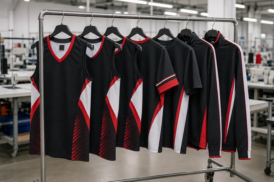 Finished custom cut-and-sew athletic apparel hanging on a workshop rack