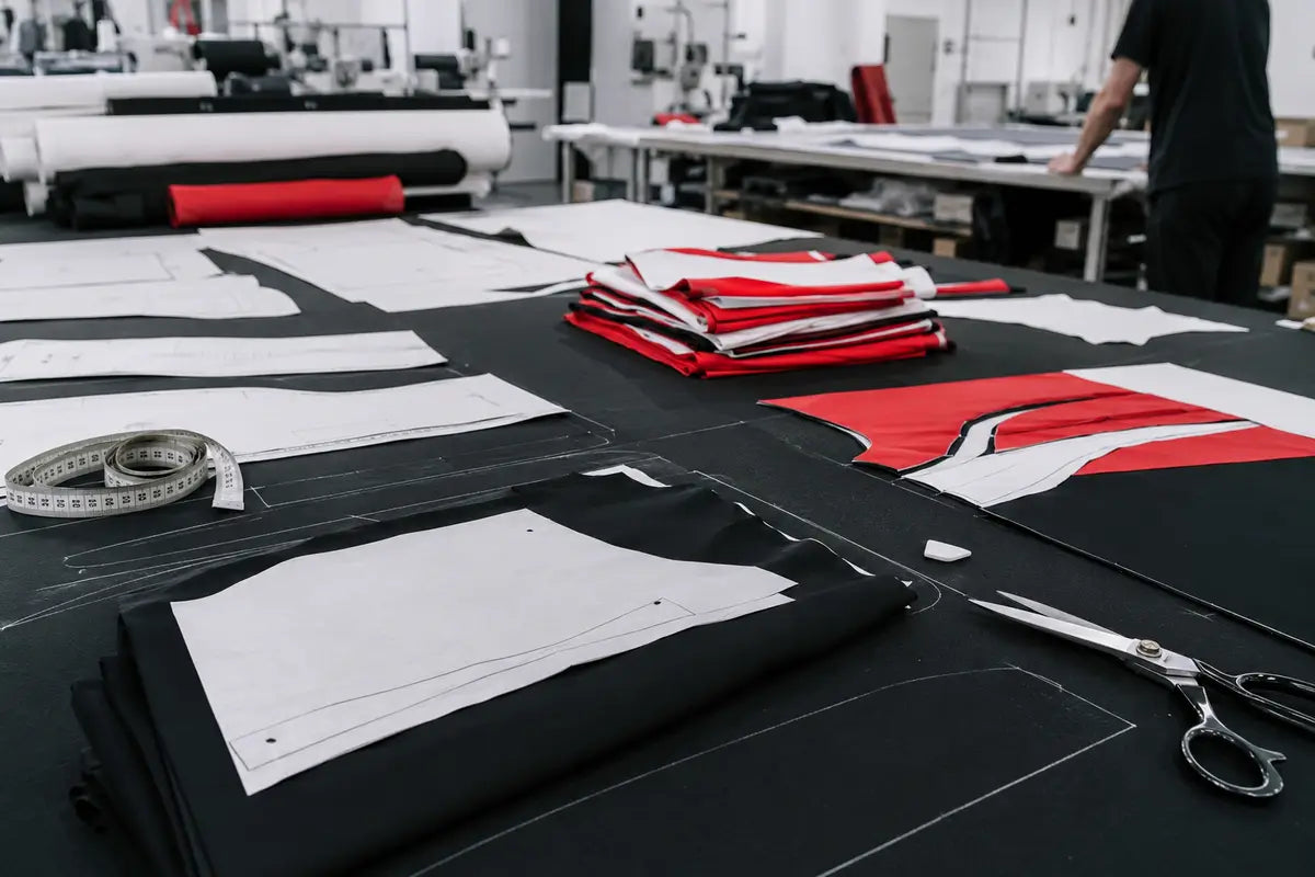 Sportswear fabric patterns and garment panels laid out on a cutting table