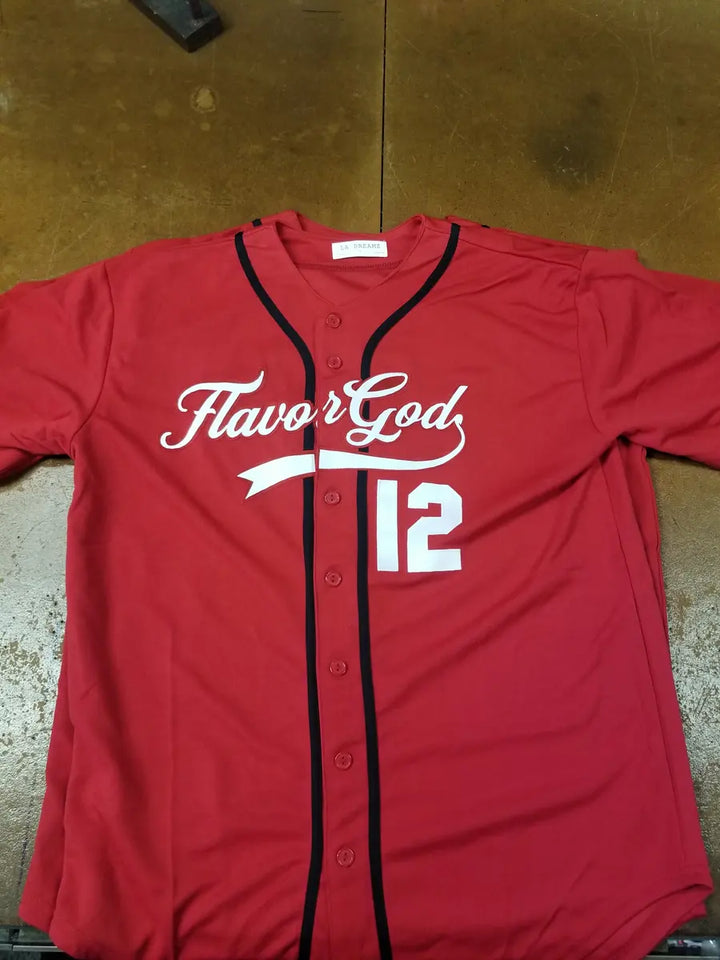 Red FlavorGod baseball-style merch jersey made by DARTMAR