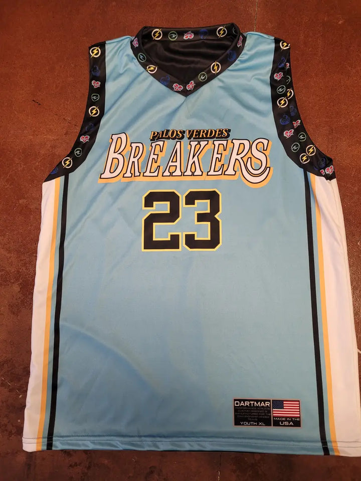 Light blue Palos Verdes Breakers basketball jersey made by DARTMAR