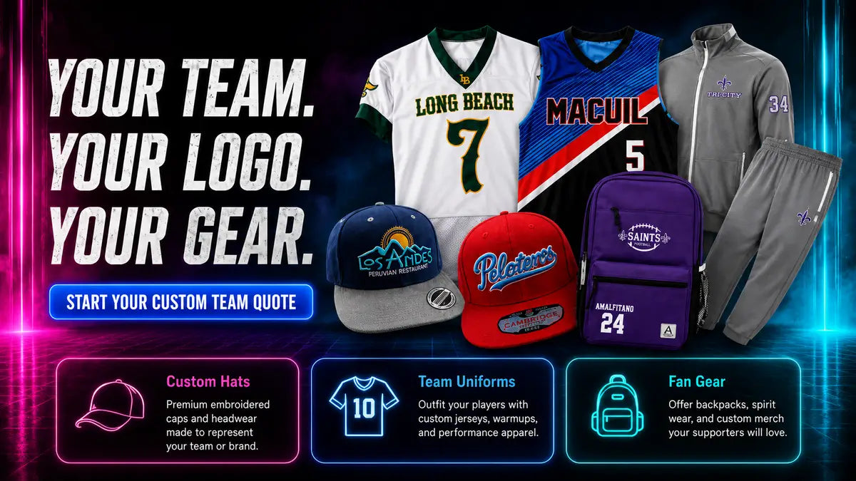 Custom team uniforms, hats, bags, and fan gear by Dartmar